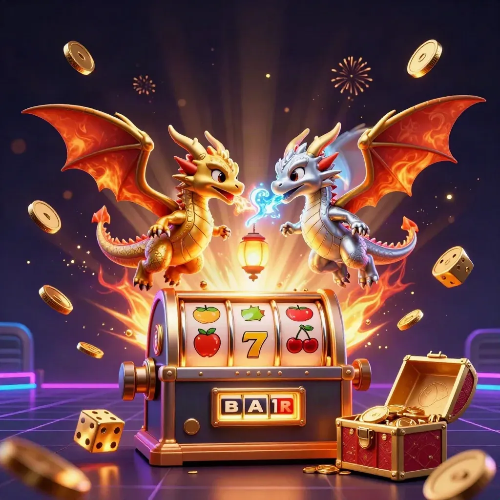Twin gold and silver dragons twist around a bursting slot machine and gold coins, with fireworks and neon glow.