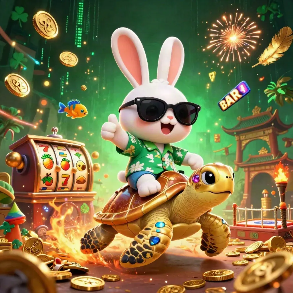 Cartoon lucky rabbit rides a golden turtle amid coins, fireworks, and neon casino energy.