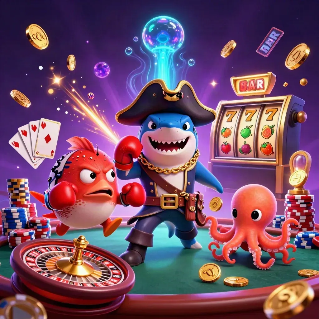 Shark pirate, boxing pufferfish, and octopus amid coins, cards, chips, and fireworks