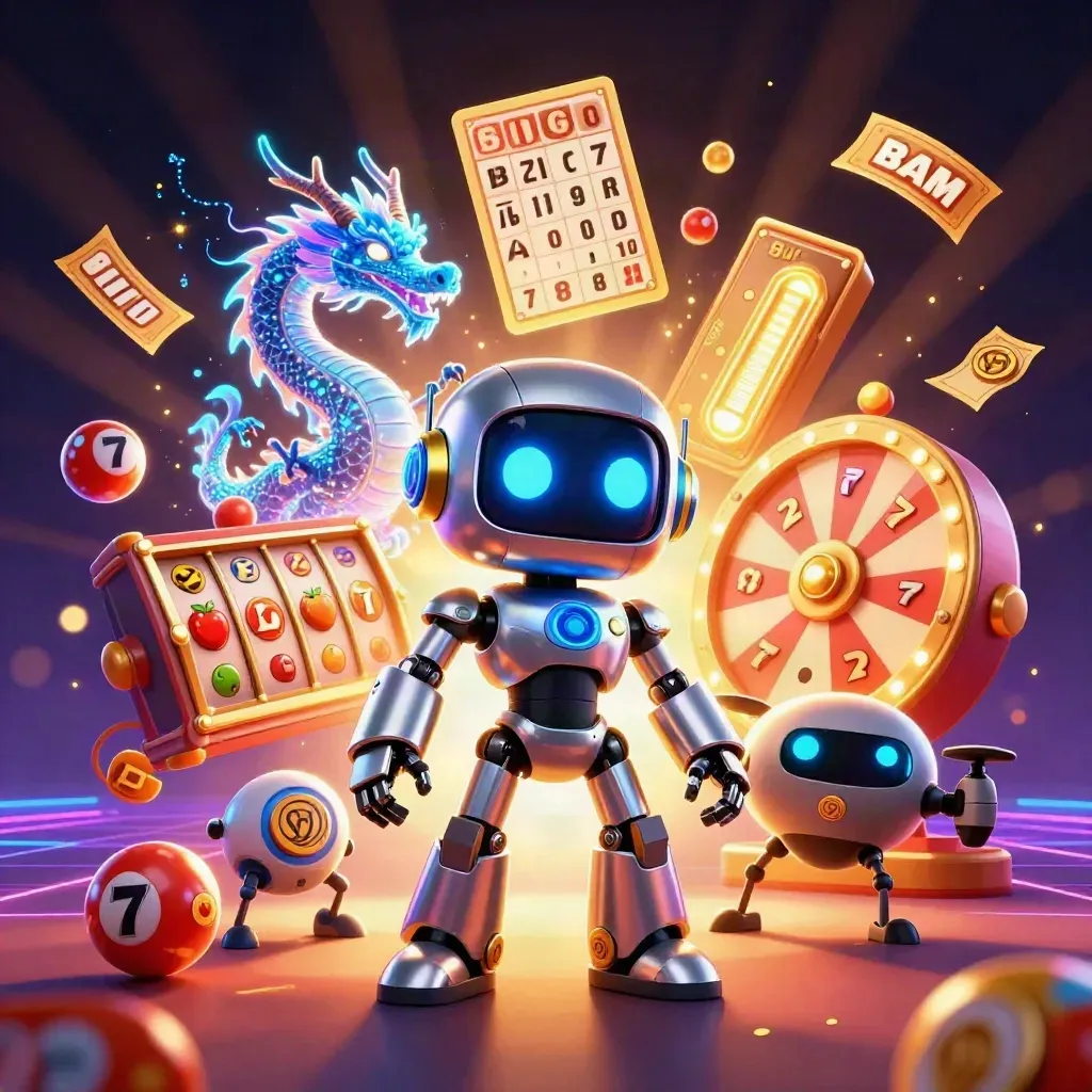 Cyberpunk robot, holographic dragon, and coin drone amid casino symbols and glowing lights.