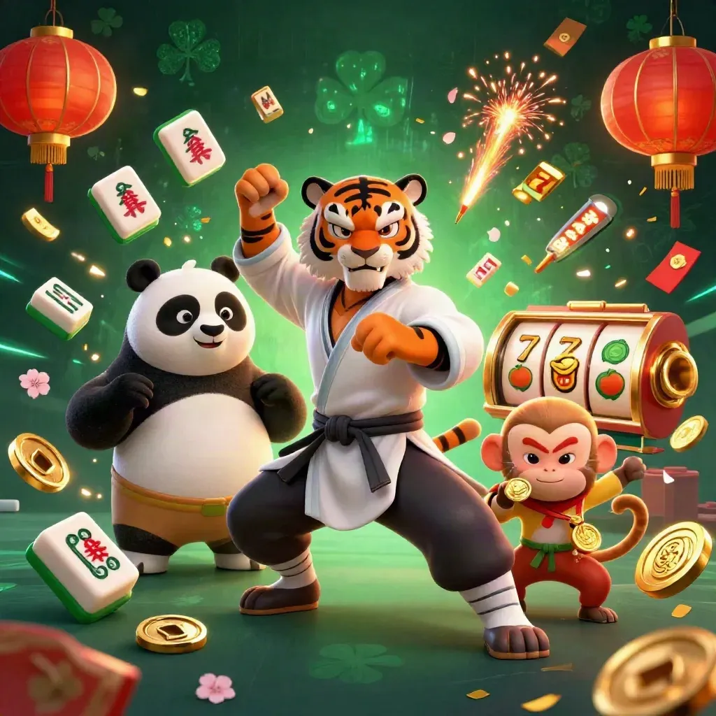Tiger, panda, and monkey in a fiery casino splash with lanterns, coins, and glowing reels