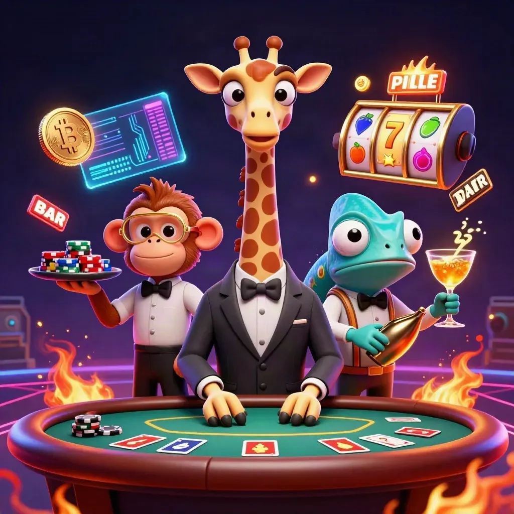 Giraffe, monkey, and chameleon at a neon VIP poker table with casino effects
