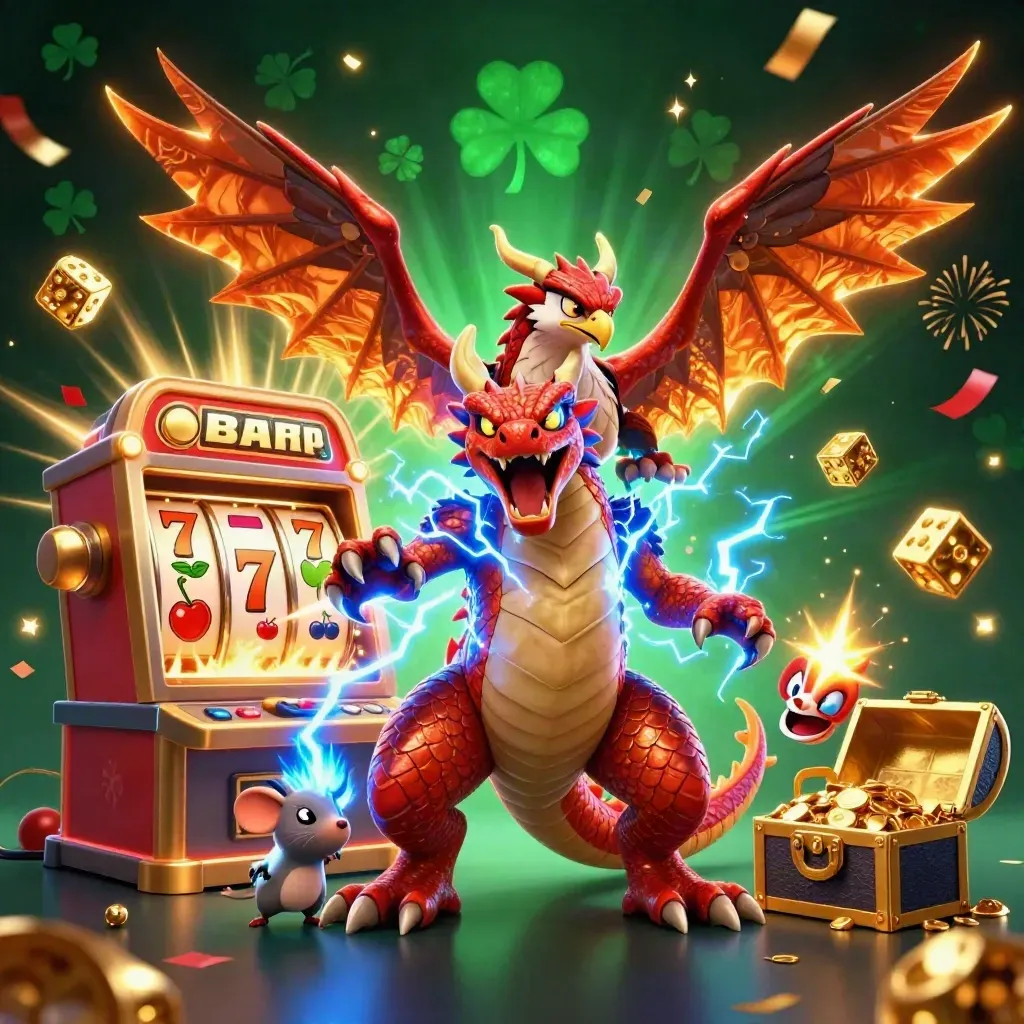 Thunder dragon, wind hawk, and mouse amid slot machine bursts, gold, and lightning