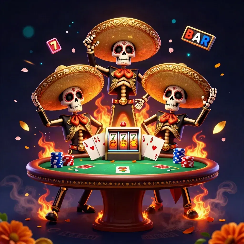 Three skeleton mariachi performers surrounded by casino chips, cards, slot reels, and glowing magical effects.