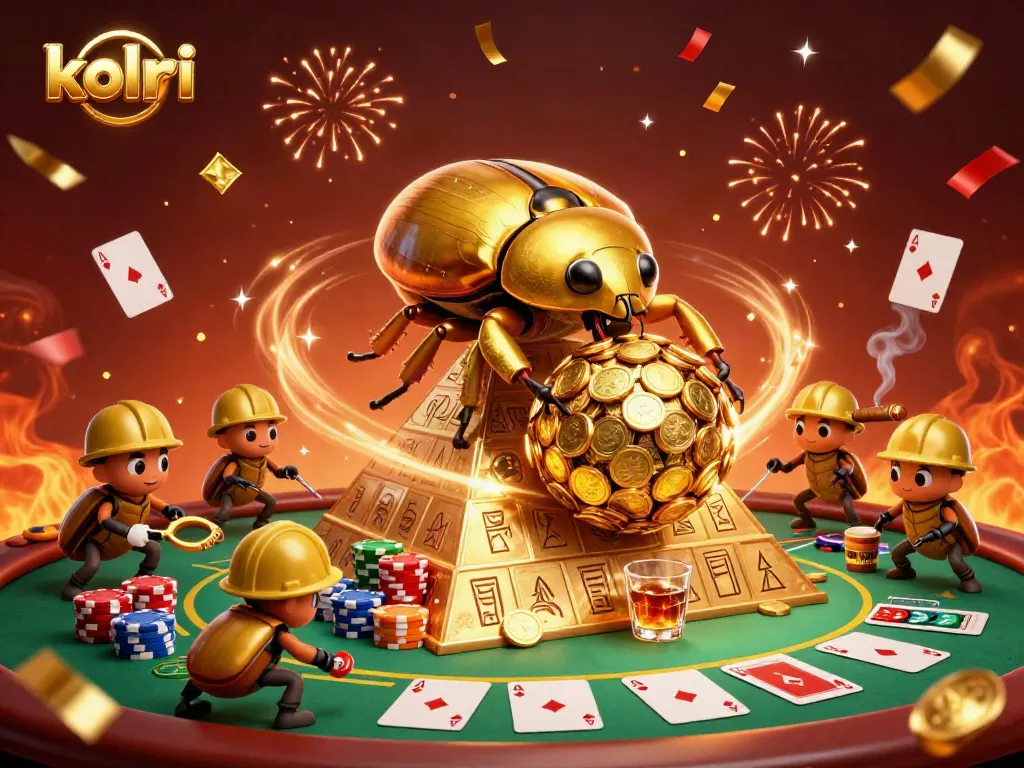 Experience the vibrant kolpri scene with golden beetles and poker elements amidst casino excitement.