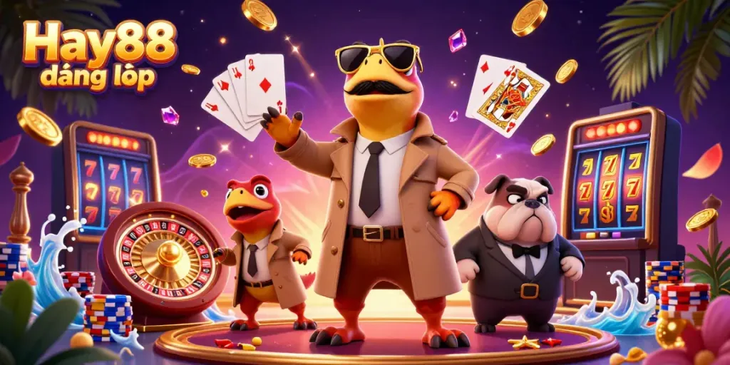 Experience the excitement of Hay88 đăng nhập with three raptors in disguise entering a casino lounge.