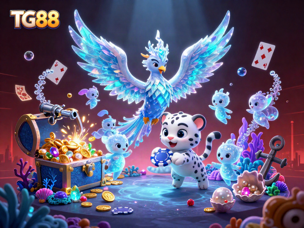 Experience the excitement of TG88 with a vibrant 3D casino scene filled with magical creatures and gambling fun.