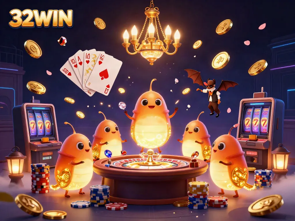 Experience thrilling casino action at 32WIN with glowing glowworms in a vibrant 3D illustration.