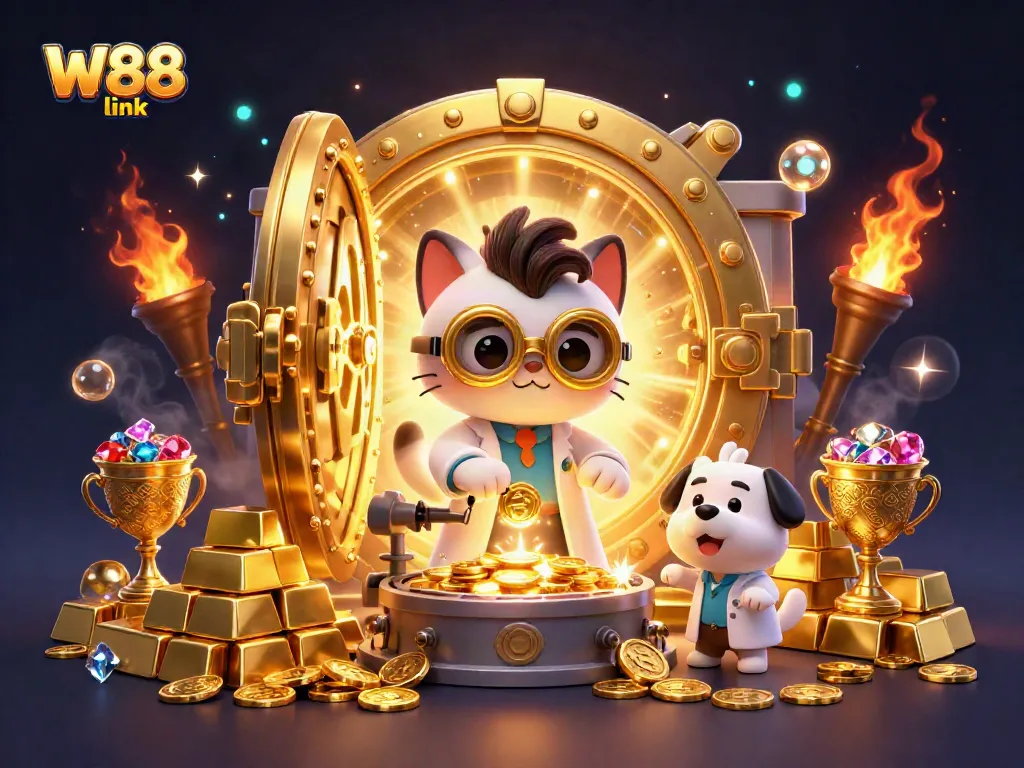 Win exciting rewards at W88 link with the mad scientist and his loyal assistant in a dynamic casino lab scene.