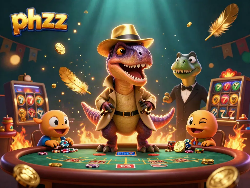 Experience thrilling action at the casino with phzzz, featuring a velociraptor card counter at a blackjack table.