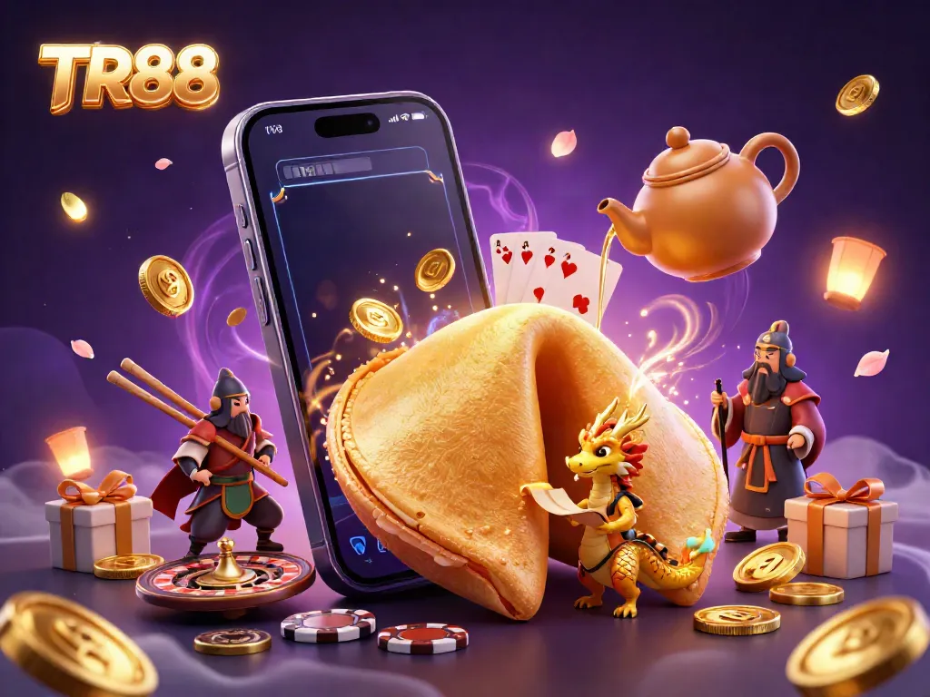 Win big with TR88 in this vibrant, dynamic gambling scene featuring a fortune cookie and dragon.