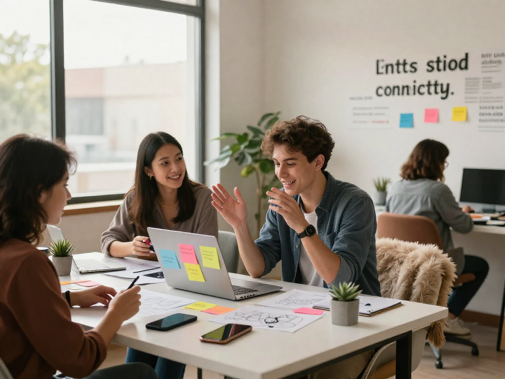 Engaging juicy chat conversation in a vibrant workspace with a laptop and colorful notes.