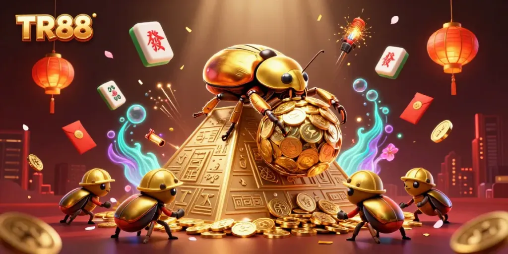 Experience the dynamic world of TR88 as golden beetles carry treasure to the pyramid.