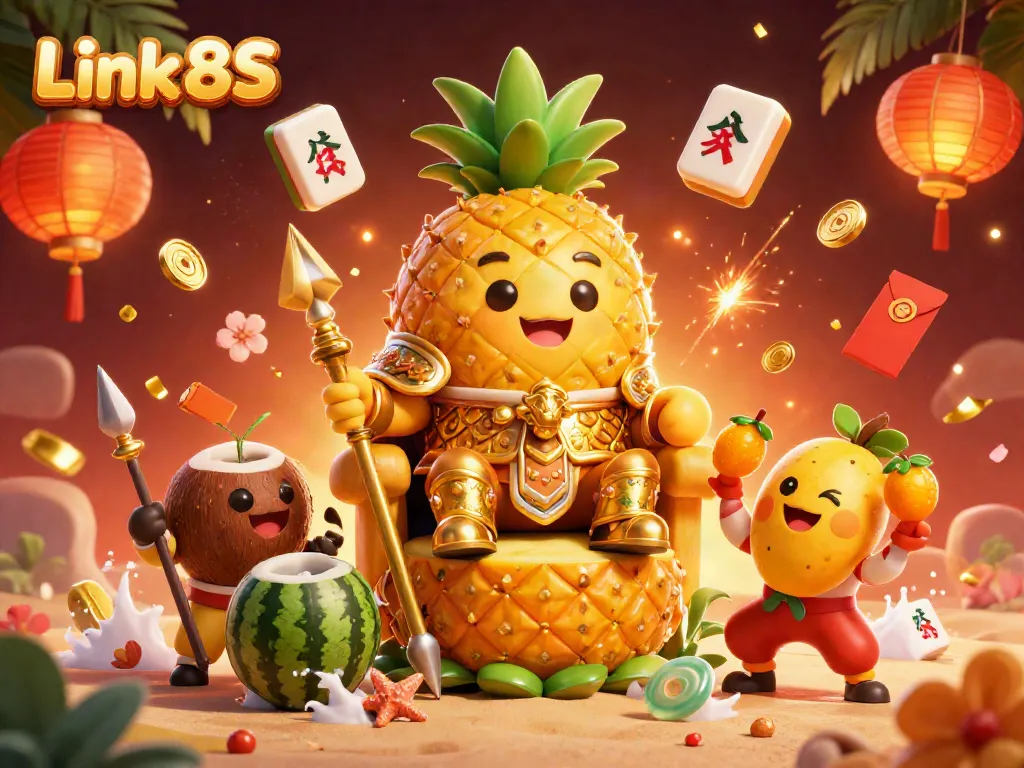 Engage with Link 8S in a vibrant casino scene featuring a golden pineapple king and tropical characters