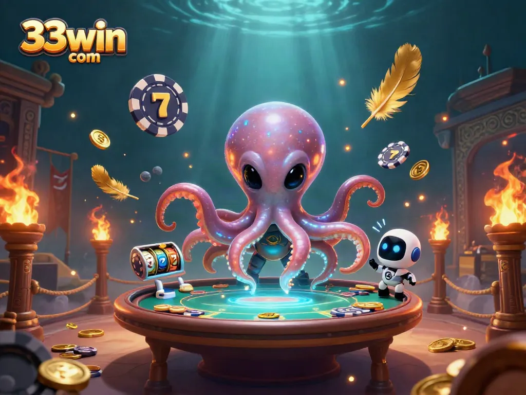 Engage with vibrant gaming at 33win com, featuring an alien octopus managing a holographic poker table.