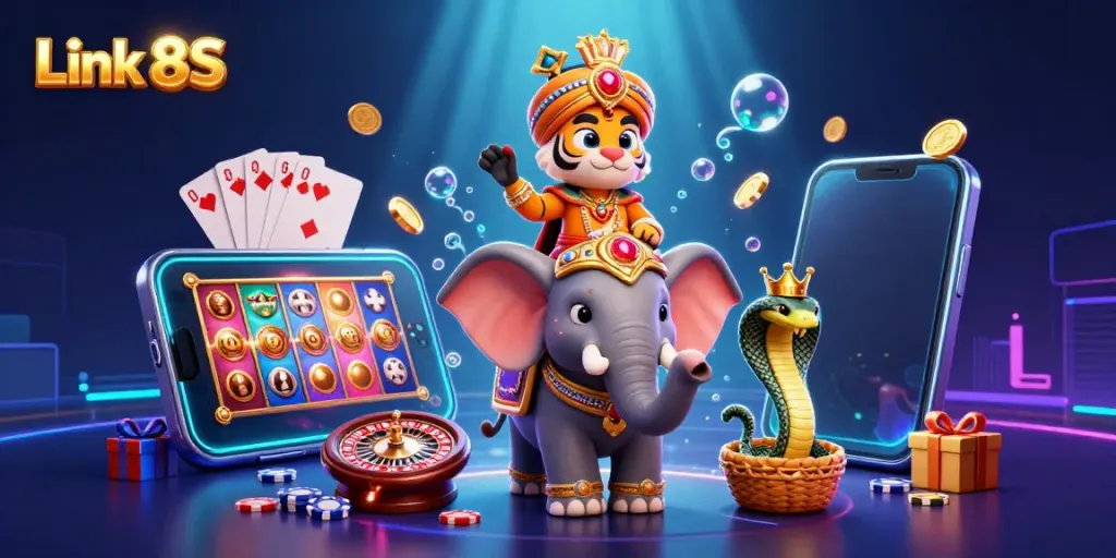 Engage with Link 8S through vibrant slot games, showcasing a stunning 3D maharaja theme.