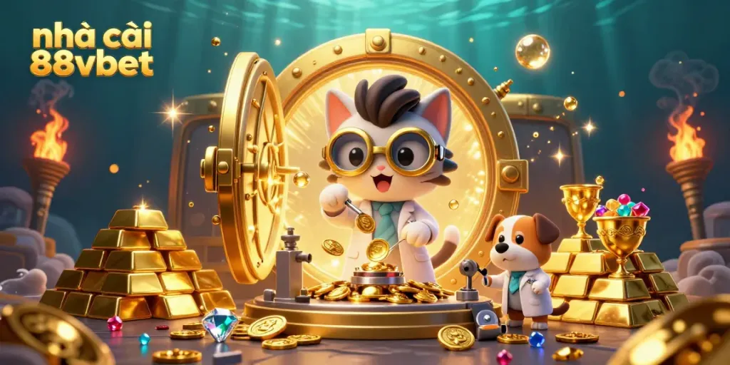 Experience the thrill of nhà cái 88vbet with a whimsical casino-themed illustration featuring a scientist and dog in a treasure lab.