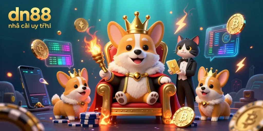 The scene captures "dn88 nhà cái uy tín" with a royal corgi on a poker chip throne, surrounded by crypto coins and gaming elements.