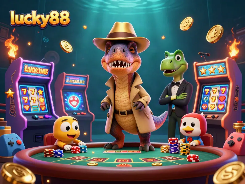 Win exciting jackpots at lucky88 with a vibrant 3D casino scene featuring animated characters and game elements.