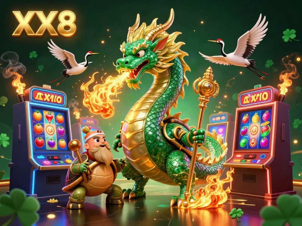 Experience the vibrant casino magic of XX8 with a jade dragon, turtle sage, and lucky cranes in a colorful gaming scene.