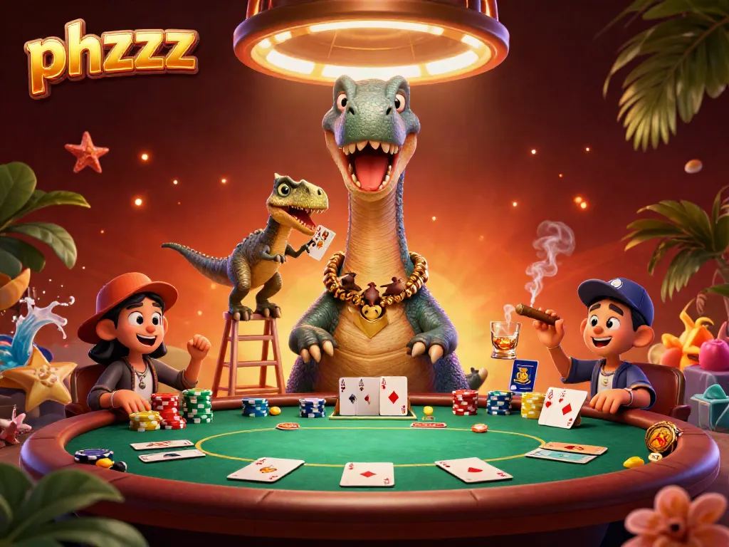 Engage in thrilling poker action with phzzz featuring a towering brontosaurus overseeing a vibrant casino scene.
