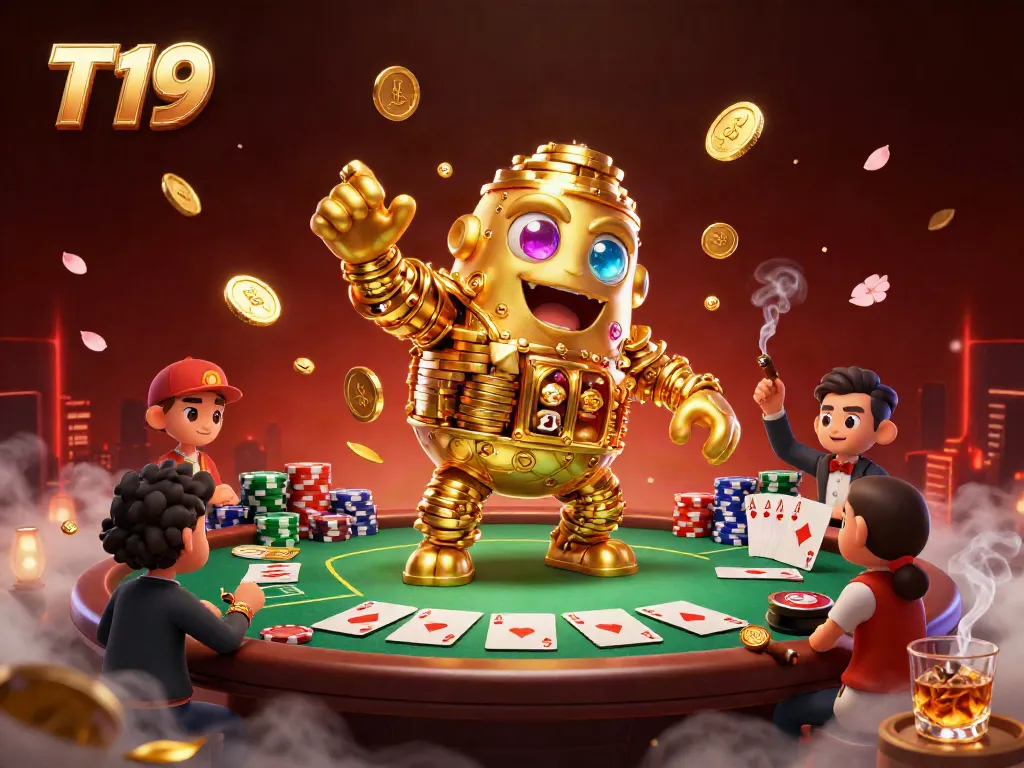 Engage in T19's vibrant casino action with exciting poker elements and a whimsical golden golem.
