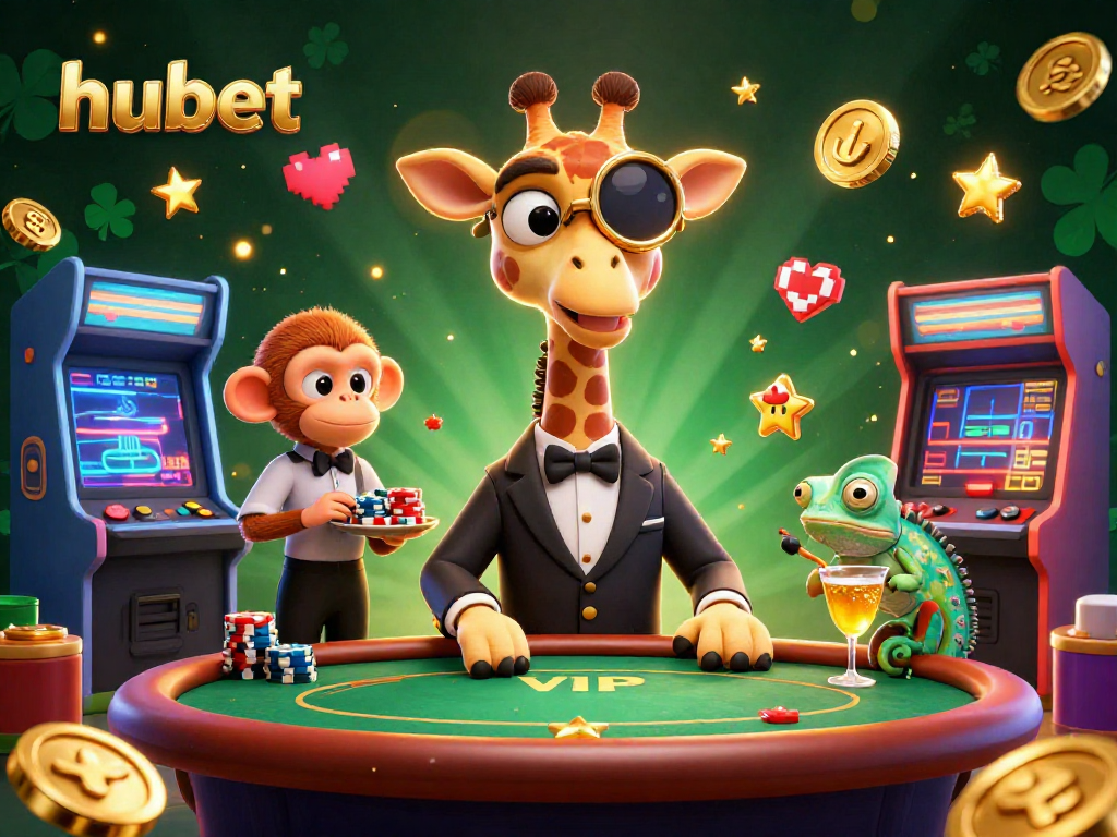 Experience thrilling gameplay with hubet's unique casino environment featuring a high-roller giraffe and vibrant arcade elements.
