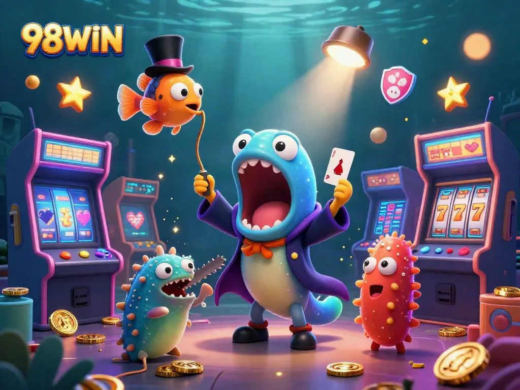 Join the magic of 98WIN as a deep-sea gulper eel performs card tricks in a vibrant underwater casino scene.