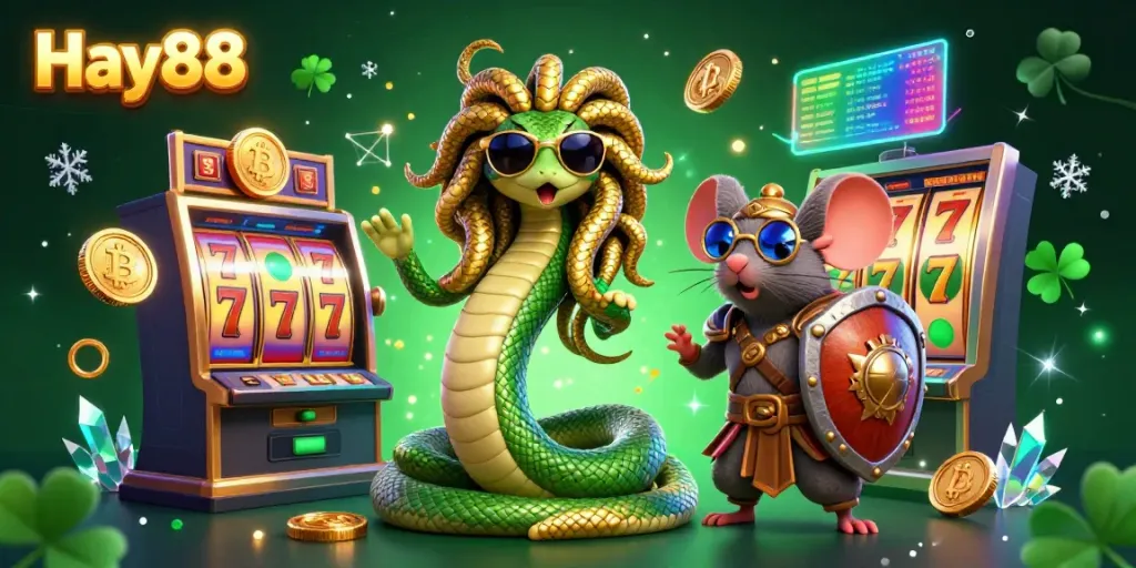 Engage with Hay88's thrilling slots experience featuring friendly characters and vibrant casino elements.