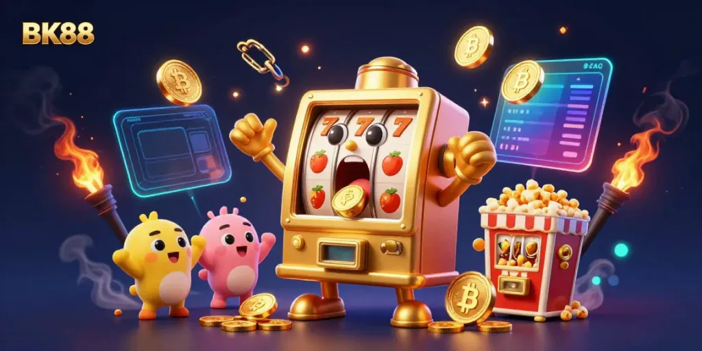 BK88 slot machine celebrates hitting a jackpot with cheering companions in a vibrant casino scene.