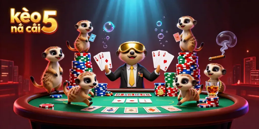 Engage with kèo nhà cái 5 while meerkats orchestrate a vibrant casino scene full of poker action.
