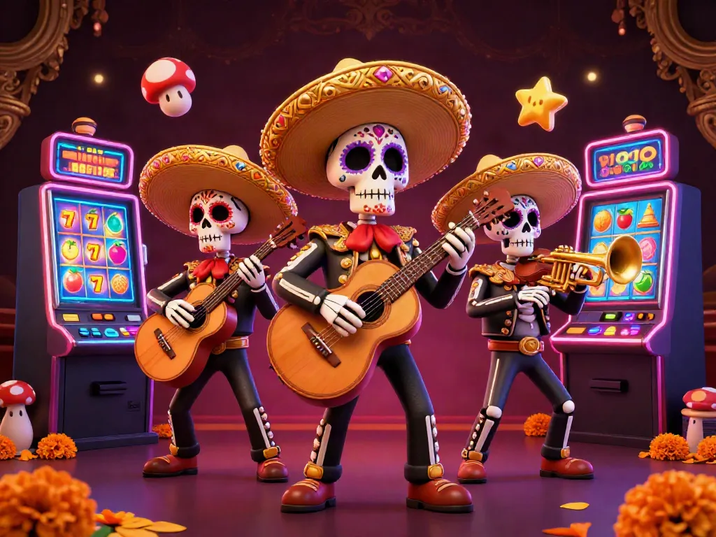 Engage with LUCKY77 in a vibrant 3D illustration showcasing a mariachi band and slot machines.