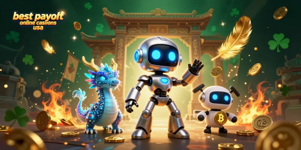 Experience the best payout online casinos USA with a futuristic 3D casino illustration, featuring digital characters and vibrant elements.
