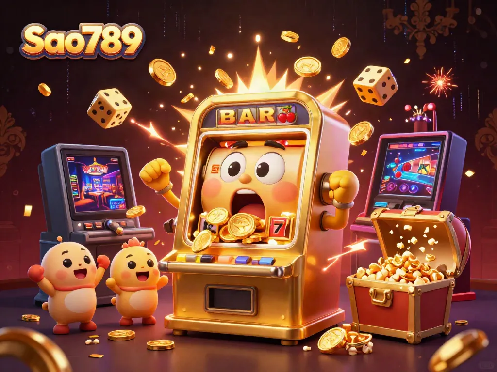 Sao789 animates excitement as a golden slot machine hits the jackpot with cheering baby machines.