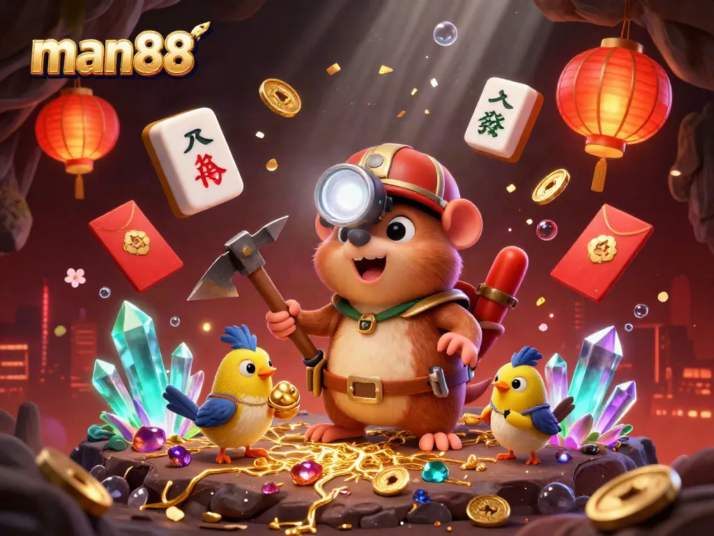 man88 showcases a vibrant scene of a treasure hunter mole mining gold among floating gambling elements, glowing lanterns, and festive decorations.