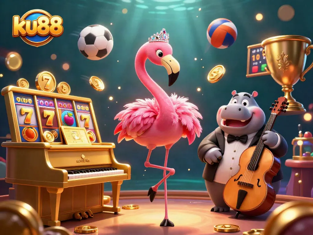 ku88 engages players with a vibrant online casino atmosphere featuring musicians and game symbols.