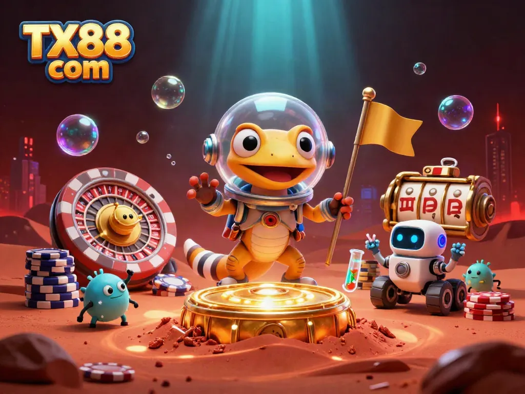 Engage with exciting gaming at TX88 com featuring a vibrant, animated scene of a Martian gecko in a casino dreamland.