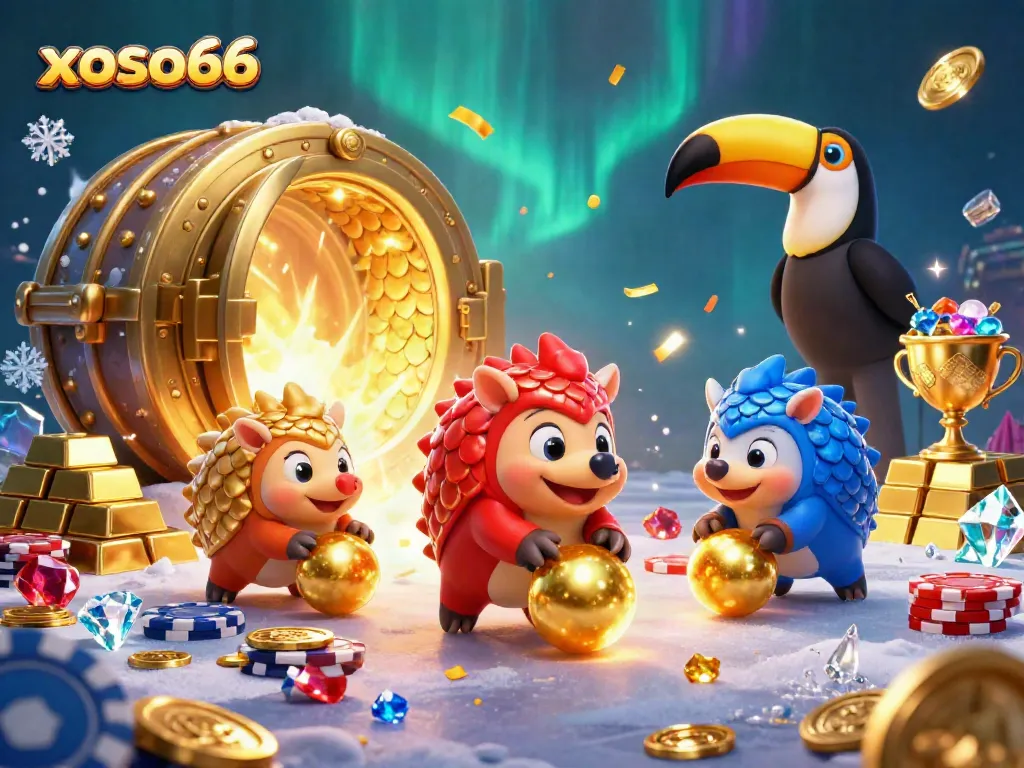 Engage with xoso66 as rival pangolins roll golden balls amid sparkling casino treasures in a vibrant scene.