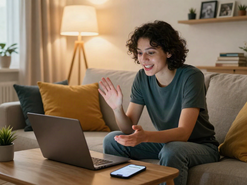 Engaging in a cozy sex chat while seated comfortably at home.