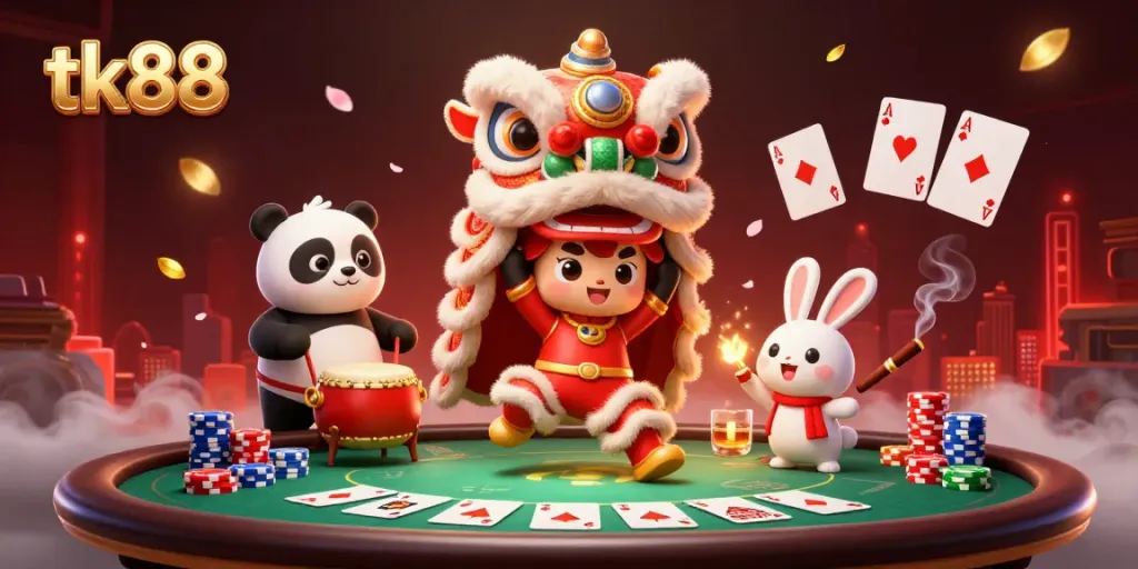 Engage in dynamic gambling action with tk88 characters celebrating at a vibrant poker scene.
