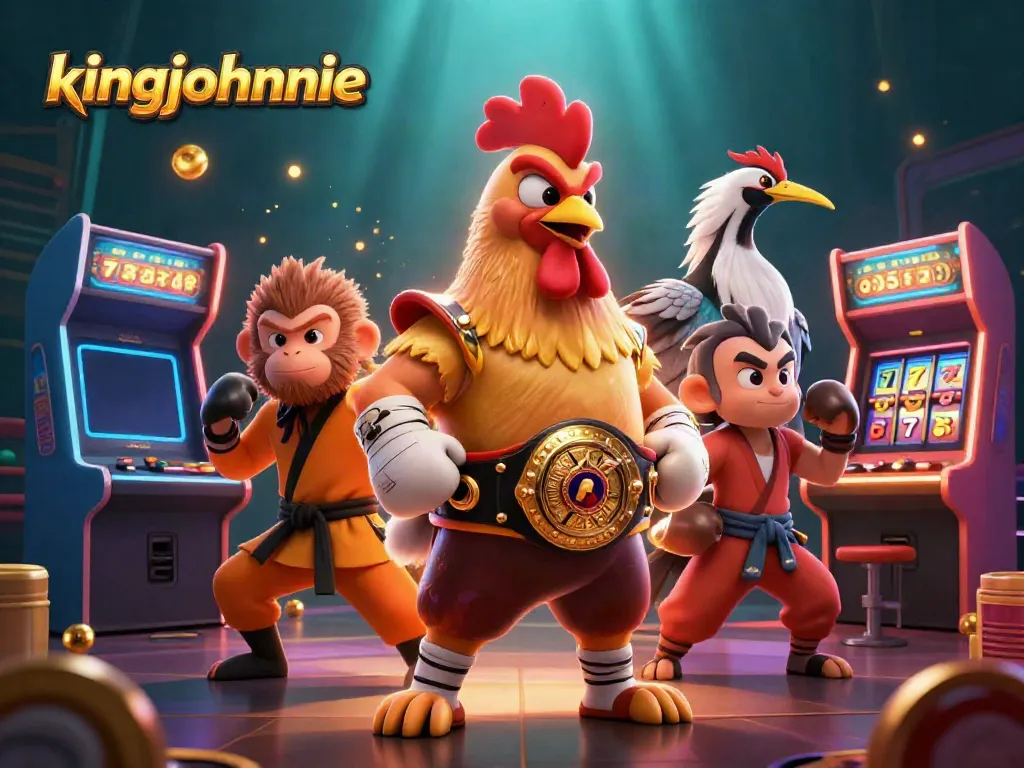 Experience thrilling gameplay at kingjohnnie as a cartoon rooster, monkey, and crane master celebrate wins.