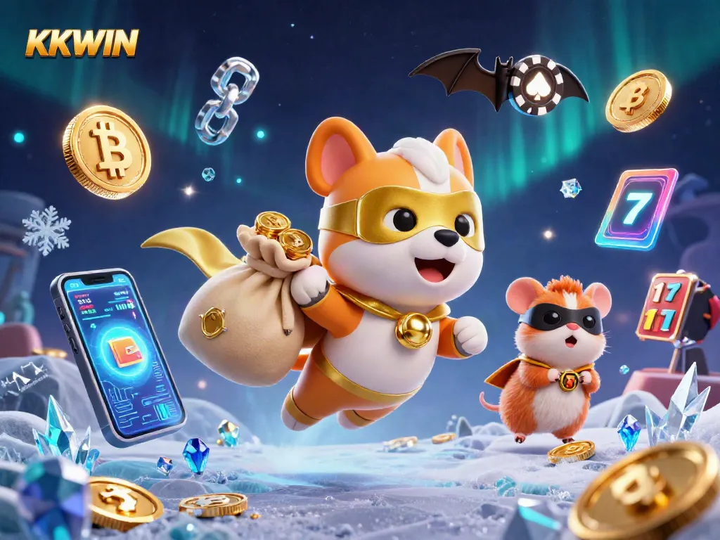 KKWIN engages players with a colorful casino adventure featuring soaring superhero dog and gold coins.
