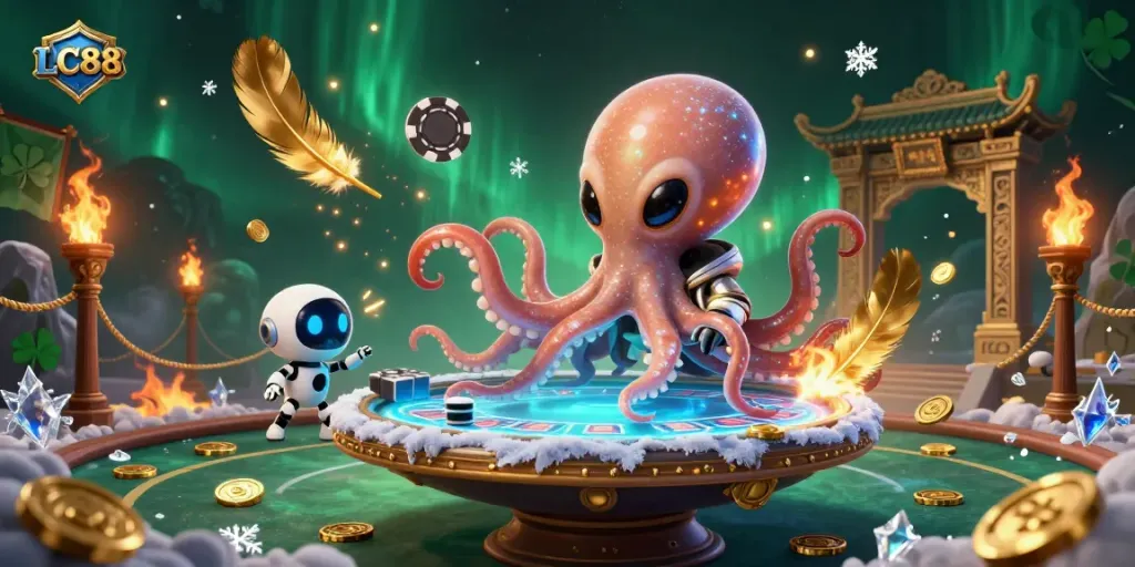 Join the action at LC88 with this vibrant poker scene featuring an alien octopus and dynamic gaming elements.
