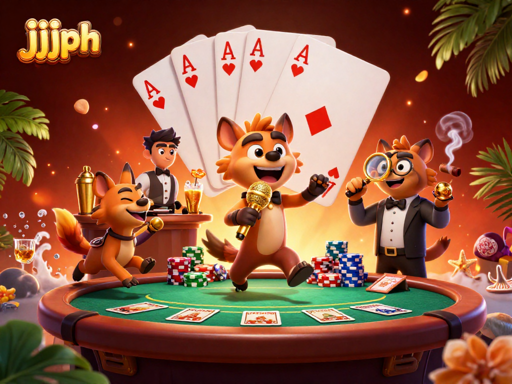Nagtatampok ng jjjph, isang grupo ng mga hyena na nagkakasiyahan sa isang casino sa isang masiglang eksena.