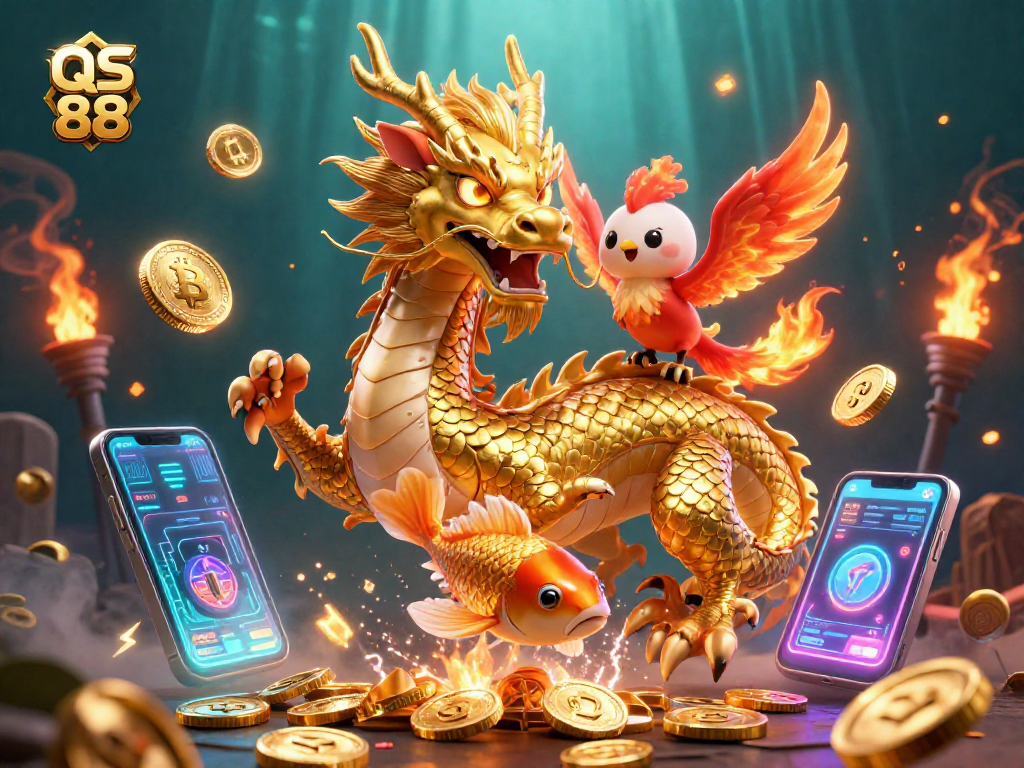 Win big with QS 88 featuring a fierce dragon, phoenix, and koi fish amid a backdrop of coins.
