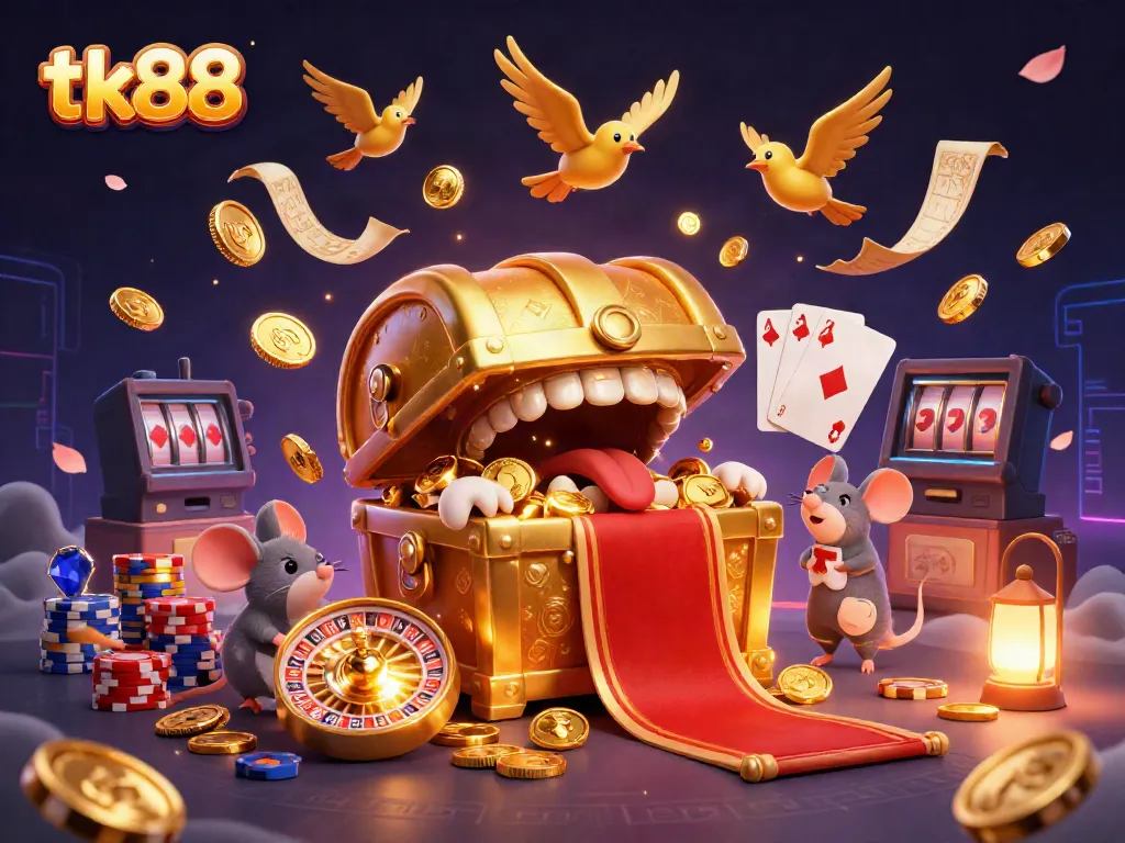 Engage with tk88's unique casino experience featuring an adventurous treasure chest scene.