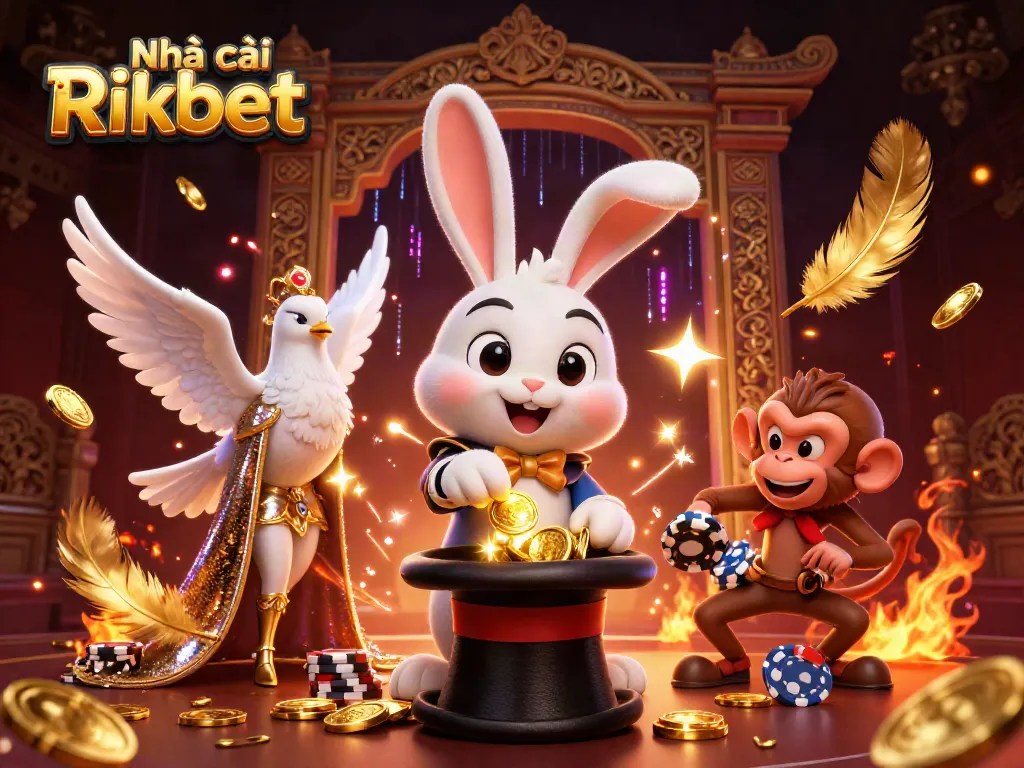 Experience the thrill of Nhà cái Rikbet with a magical casino scene filled with vibrant characters and gold.