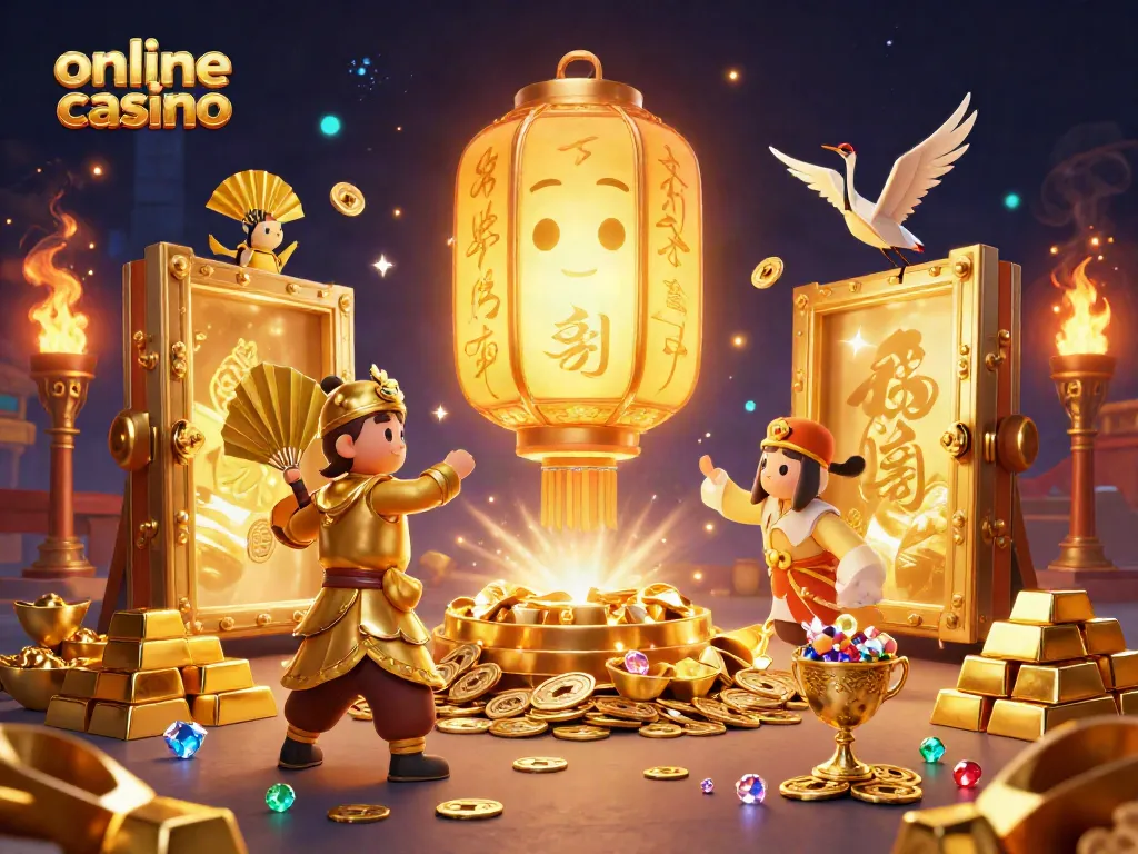 Experience thrilling online casino adventures with a golden lantern spirit and treasure-filled scene.