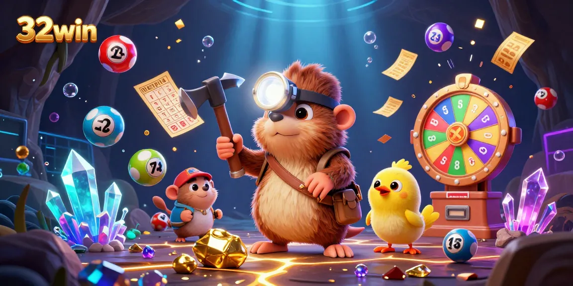 Engage with 32win's dynamic lottery scene showcasing excitement and vibrant animations.