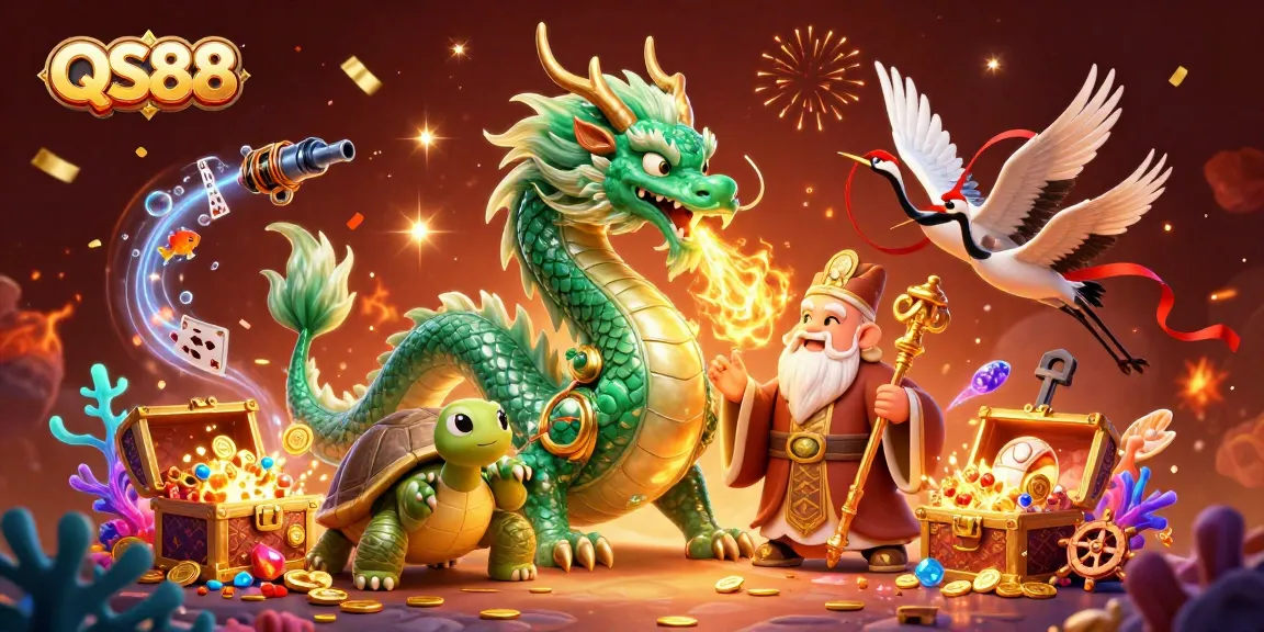 Experience the thrill with QS88, featuring a jade dragon, turtle sage, and lucky cranes, amidst casino treasures.